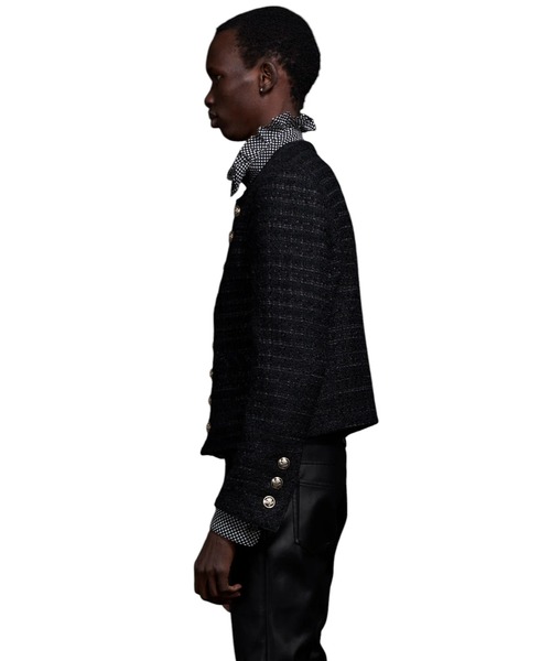Tweed No Collar Cropped Militaly Jacket ツイードノーカラー
