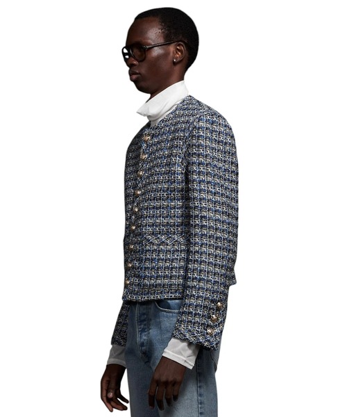 Tweed No Collar Cropped Militaly Jacket ツイードノーカラー