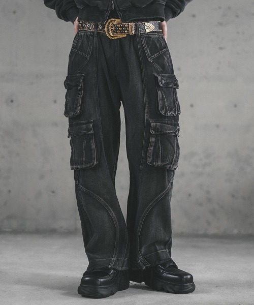 セール】Black vintage wash denim cargo pants / ブラック