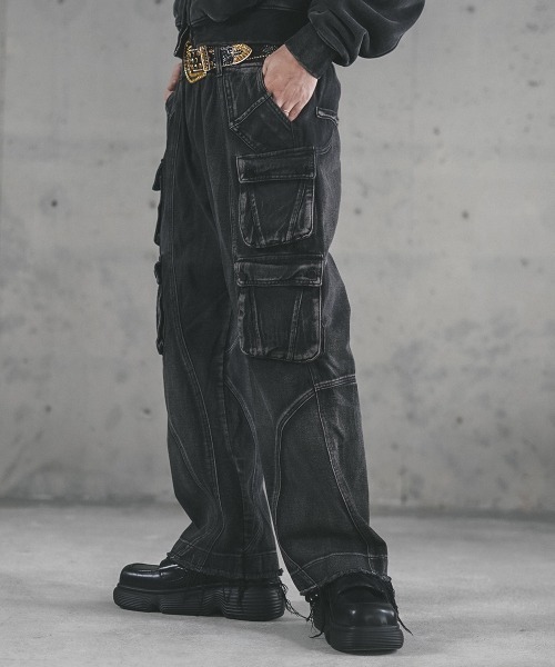 セール】Black vintage wash denim cargo pants / ブラック