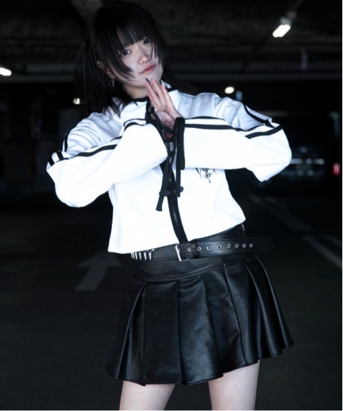 Revo.（レボ）の「【丈が選べる2サイズ】チャイナ釦 T/C ポンチ フルジップ トップス 袖ライン リボン（Tシャツ/カットソー・レディース・ホワイト×ブラック/ブラック×パープル/ブラック×ホワイト・S/FREE）」の15枚目の写真