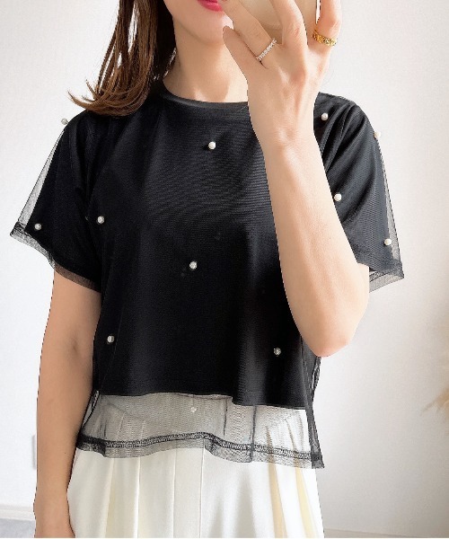 &. NOSTALGIA(アンドドットノスタルジア)の「【ZOZO限定】パール付きカットプルオーバー(Tシャツ/カットソー・レディース・ホワイト/ブラック・M)」の1枚目の写真