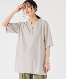 ＜大きいサイズ＞綿１００％ケミカル加工５分袖ヘンリーネックカットソーゆるシルエットチュニック