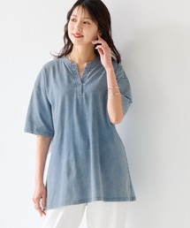<大きいサイズ>綿100%ケミカル加工5分袖ヘンリーネックカットソーゆるシルエットチュニック