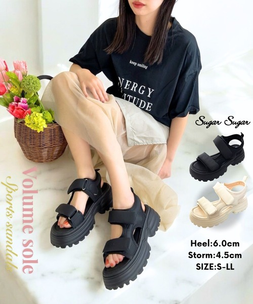 Sugar Sugar（シュガーシュガー）の「厚底スポーツサンダル 【SUGARSUGAR シュガーシュガー】レディース 厚底 ボリュームソール ダブルベルト 歩きやすい メッシュ スポサン スタイルアップ メッシュ 黒 アイボリー ふわふわ（サンダル・レディース・アイボリー/ブラック・S/M/L/LL）」の3枚目の写真