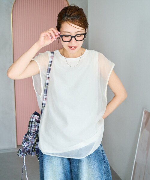 FREAK'S STORE（フリークスストア）の「限定展開　オーガンジー × カットソー 重ね フレンチ スリーブ プルオーバー（Tシャツ/カットソー・レディース・オフホワイト/ブラック/サックスブルー/ブラウン/グリーン・ﾌﾘ-）」の2枚目の写真