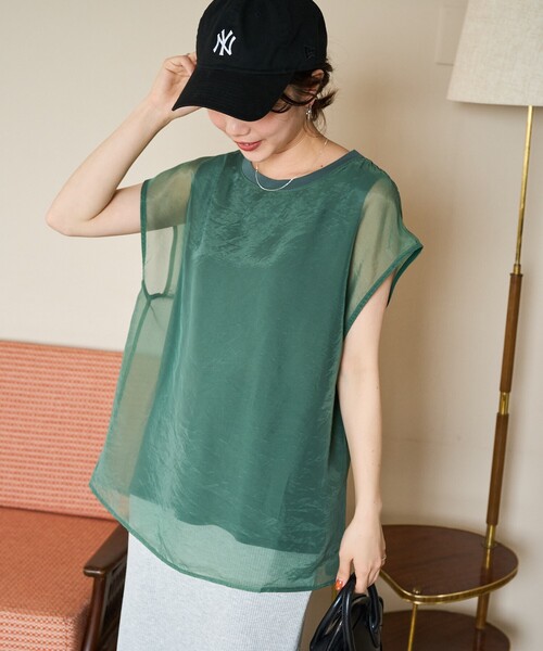 FREAK'S STORE（フリークスストア）の「限定展開　オーガンジー × カットソー 重ね フレンチ スリーブ プルオーバー（Tシャツ/カットソー・レディース・オフホワイト/ブラック/サックスブルー/ブラウン/グリーン・ﾌﾘ-）」の4枚目の写真