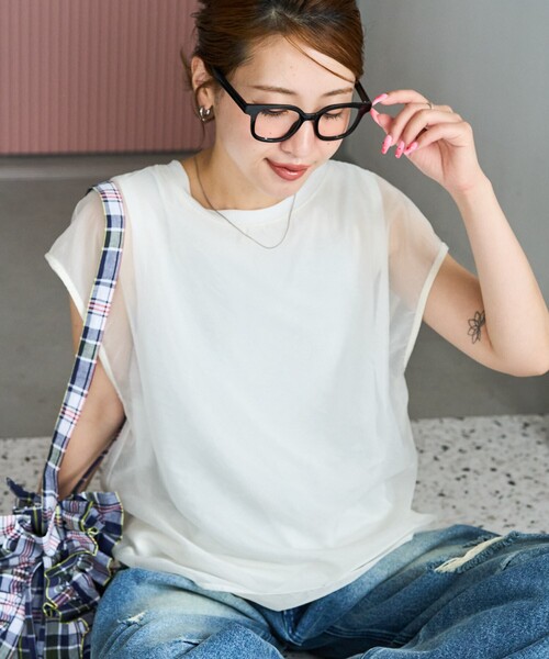 FREAK'S STORE（フリークスストア）の「限定展開　オーガンジー × カットソー 重ね フレンチ スリーブ プルオーバー（Tシャツ/カットソー・レディース・オフホワイト/ブラック/サックスブルー/ブラウン/グリーン・ﾌﾘ-）」の10枚目の写真