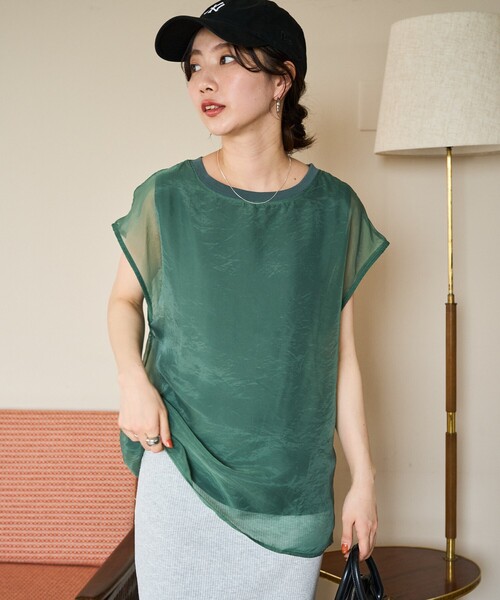 FREAK'S STORE（フリークスストア）の「限定展開　オーガンジー × カットソー 重ね フレンチ スリーブ プルオーバー（Tシャツ/カットソー・レディース・オフホワイト/ブラック/サックスブルー/ブラウン/グリーン・ﾌﾘ-）」の15枚目の写真