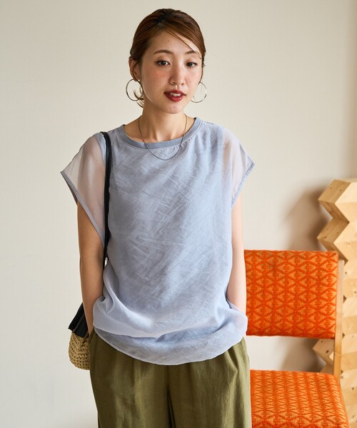 FREAK'S STORE（フリークスストア）の「限定展開　オーガンジー × カットソー 重ね フレンチ スリーブ プルオーバー（Tシャツ/カットソー・レディース・オフホワイト/ブラック/サックスブルー/ブラウン/グリーン・ﾌﾘ-）」の5枚目の写真