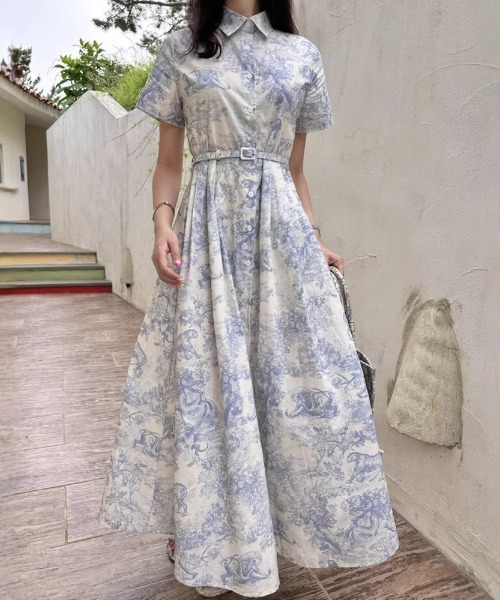 FREE STYLISTS(フリー スタイリスト)の「YUGA_YGMC Botanical print shirt dress(ワンピース・レディース・ライトグレー/ライトブルー/ブラック・FREE)」の1枚目の写真