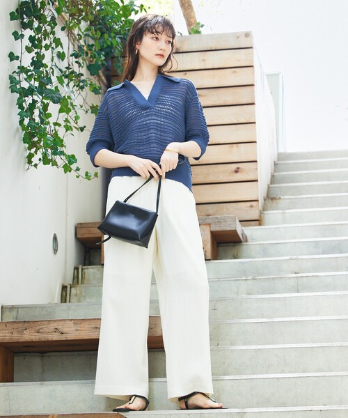 qualite(カリテ)の「ガーターポロ襟ニット/夏服/サマーニット/半袖(Tシャツ/カットソー・レディース・ベージュ/ブルー/オフホワイト・フリー)」の6枚目の写真
