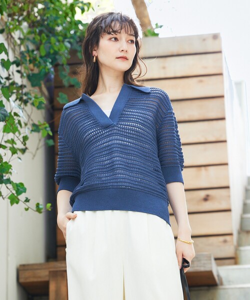 qualite(カリテ)の「ガーターポロ襟ニット/夏服/サマーニット/半袖(Tシャツ/カットソー・レディース・ベージュ/ブルー/オフホワイト・フリー)」の7枚目の写真