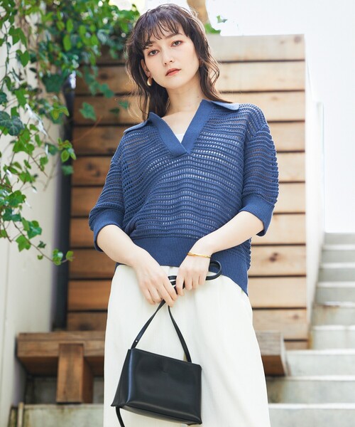 qualite(カリテ)の「ガーターポロ襟ニット/夏服/サマーニット/半袖(Tシャツ/カットソー・レディース・ベージュ/ブルー/オフホワイト・フリー)」の8枚目の写真