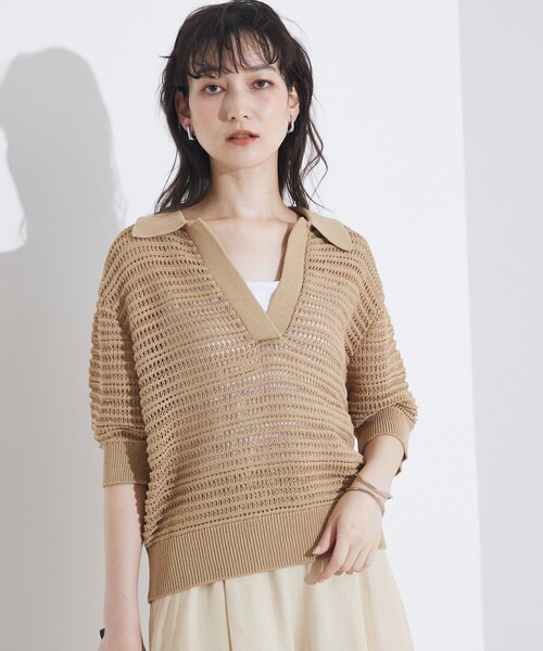qualite(カリテ)の「ガーターポロ襟ニット/夏服/サマーニット/半袖(Tシャツ/カットソー・レディース・ベージュ/ブルー/オフホワイト・フリー)」の9枚目の写真