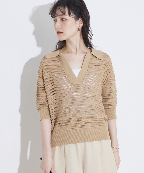 qualite(カリテ)の「ガーターポロ襟ニット/夏服/サマーニット/半袖(Tシャツ/カットソー・レディース・ベージュ/ブルー/オフホワイト・フリー)」の12枚目の写真