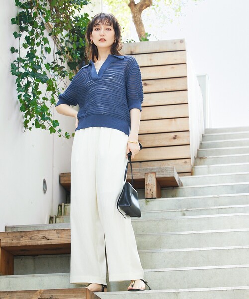 qualite(カリテ)の「ガーターポロ襟ニット/夏服/サマーニット/半袖(Tシャツ/カットソー・レディース・ベージュ/ブルー/オフホワイト・フリー)」の14枚目の写真