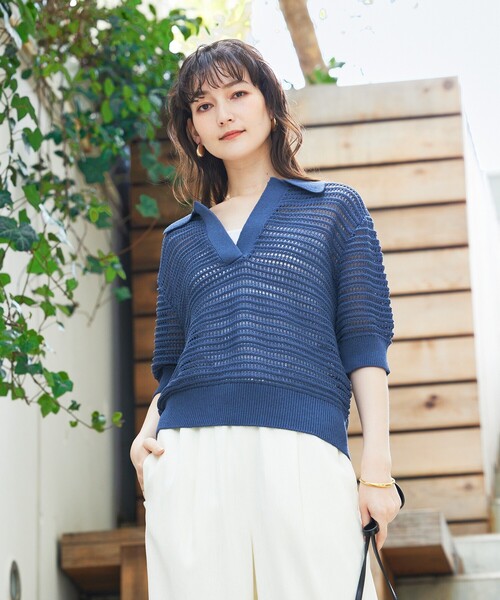 qualite(カリテ)の「ガーターポロ襟ニット/夏服/サマーニット/半袖(Tシャツ/カットソー・レディース・ベージュ/ブルー/オフホワイト・フリー)」の16枚目の写真