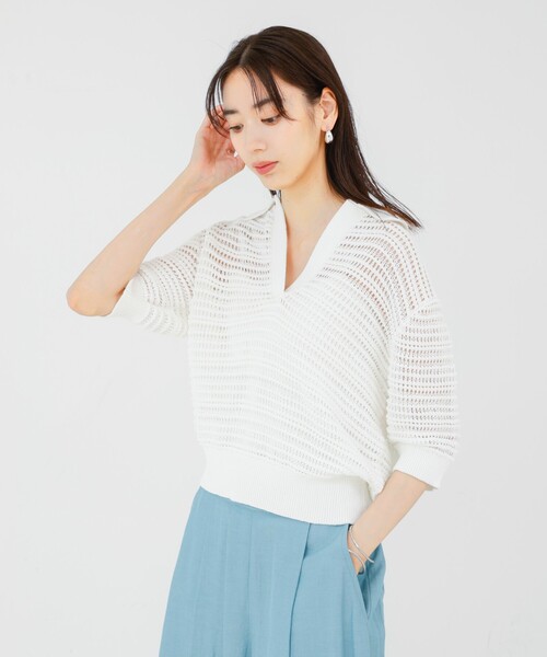 qualite(カリテ)の「ガーターポロ襟ニット/夏服/サマーニット/半袖(Tシャツ/カットソー・レディース・ベージュ/ブルー/オフホワイト・フリー)」の17枚目の写真