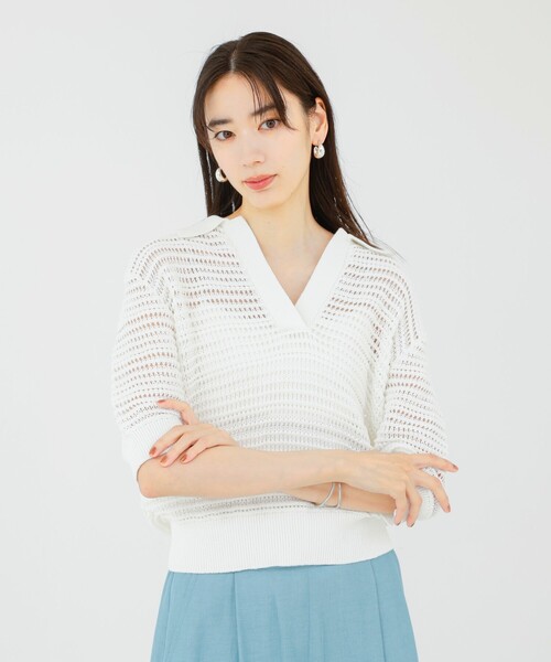 qualite(カリテ)の「ガーターポロ襟ニット/夏服/サマーニット/半袖(Tシャツ/カットソー・レディース・ベージュ/ブルー/オフホワイト・フリー)」の21枚目の写真