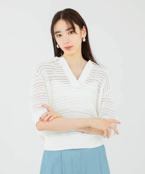 qualite(カリテ)の「ガーターポロ襟ニット/夏服/サマーニット/半袖(Tシャツ/カットソー・レディース・ベージュ/ブルー/オフホワイト・フリー)」の22枚目の写真