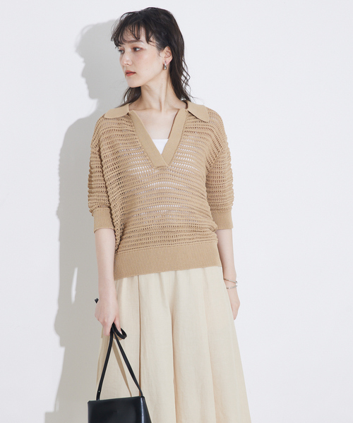 qualite(カリテ)の「ガーターポロ襟ニット/夏服/サマーニット/半袖(Tシャツ/カットソー・レディース・ベージュ/ブルー/オフホワイト・フリー)」の4枚目の写真