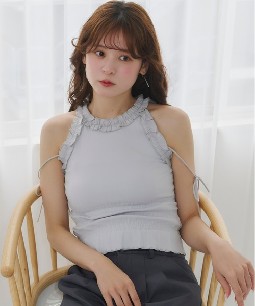 tシャツ ホルターネック チェック柄 フリルヘムトップス GH25s065「Girlyhalo」 レディース セール】ホルターネック チェック柄 フリルヘムトップス