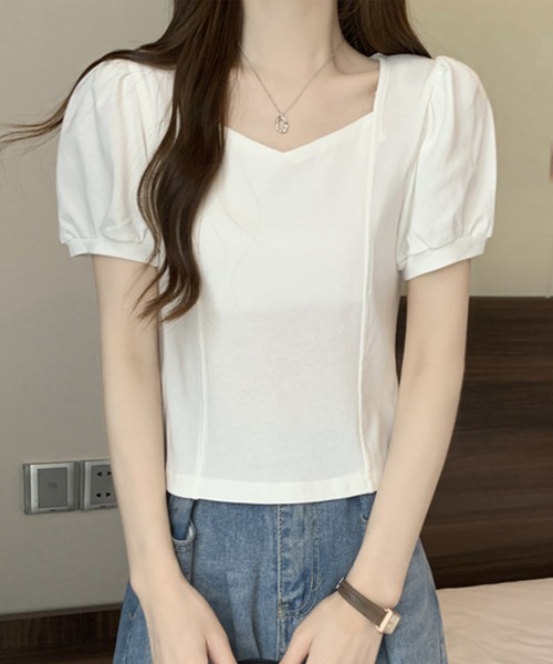 Lace Ladies(レースレディース)の「ソリッドカラー ペンタゴンネック 切り替え パフスリーブ カットソー(Tシャツ/カットソー・レディース・ホワイト/ブラック・M/XL)」の1枚目の写真