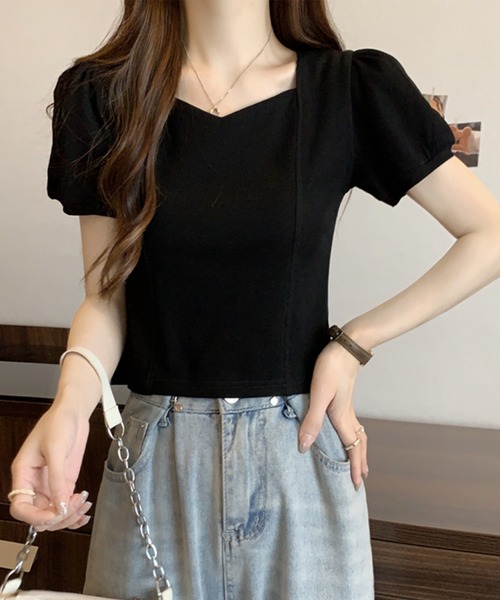 Lace Ladies(レースレディース)の「ソリッドカラー ペンタゴンネック 切り替え パフスリーブ カットソー(Tシャツ/カットソー・レディース・ホワイト/ブラック・M/XL)」の2枚目の写真