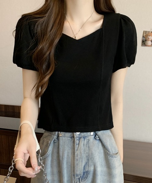 Lace Ladies(レースレディース)の「ソリッドカラー ペンタゴンネック 切り替え パフスリーブ カットソー(Tシャツ/カットソー・レディース・ホワイト/ブラック・M/XL)」の3枚目の写真