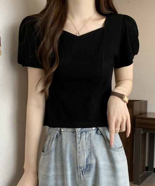Lace Ladies(レースレディース)の「ソリッドカラー ペンタゴンネック 切り替え パフスリーブ カットソー(Tシャツ/カットソー・レディース・ホワイト/ブラック・M/XL)」の4枚目の写真