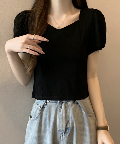 Lace Ladies(レースレディース)の「ソリッドカラー ペンタゴンネック 切り替え パフスリーブ カットソー(Tシャツ/カットソー・レディース・ホワイト/ブラック・M/XL)」の6枚目の写真