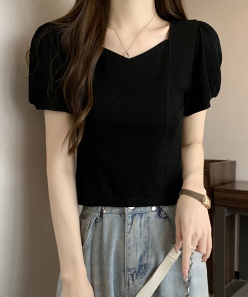 Lace Ladies(レースレディース)の「ソリッドカラー ペンタゴンネック 切り替え パフスリーブ カットソー(Tシャツ/カットソー・レディース・ホワイト/ブラック・M/XL)」の7枚目の写真