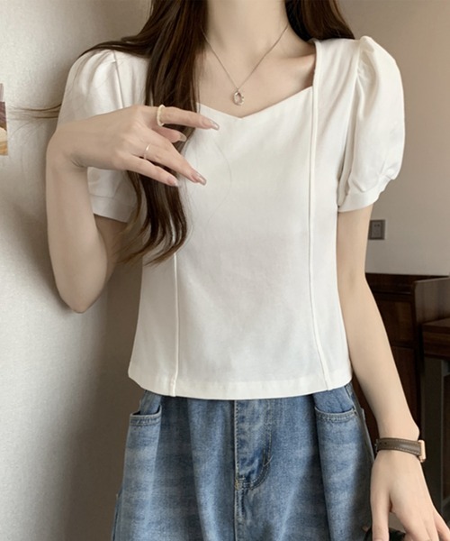 Lace Ladies(レースレディース)の「ソリッドカラー ペンタゴンネック 切り替え パフスリーブ カットソー(Tシャツ/カットソー・レディース・ホワイト/ブラック・M/XL)」の8枚目の写真