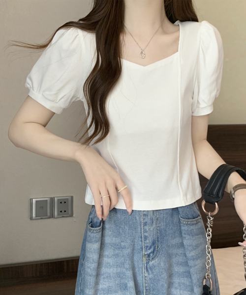Lace Ladies(レースレディース)の「ソリッドカラー ペンタゴンネック 切り替え パフスリーブ カットソー(Tシャツ/カットソー・レディース・ホワイト/ブラック・M/XL)」の9枚目の写真