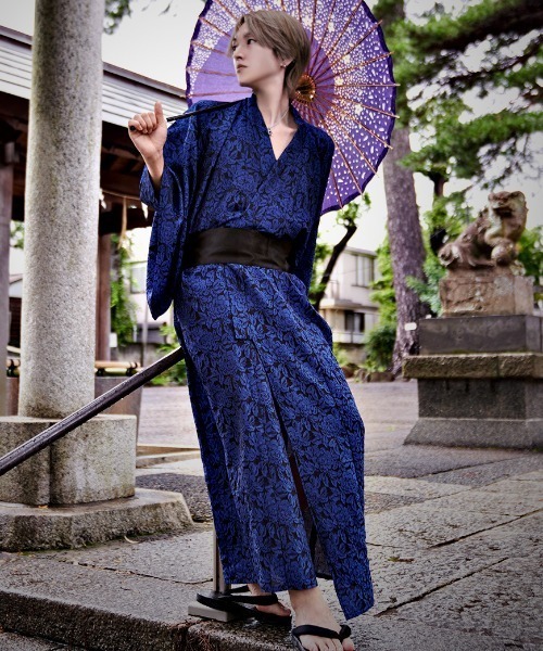 黒紫花柄浴衣・帯・下駄７点セット ililil/イルイルイル』【花柄ジャガード浴衣四点セット(浴衣・帯