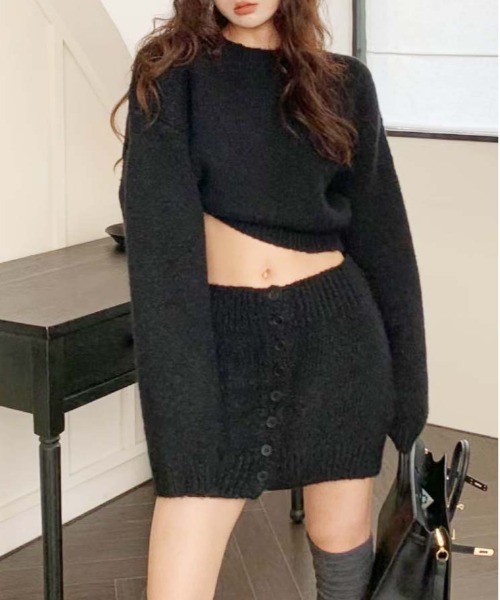 セール】WEGO/クロップド丈ニットトップス&前ボタンミニスカート