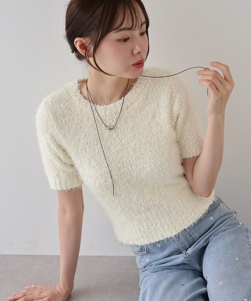 BLUEEAST(ブルーイースト)の「ぽこぽこシャギー半袖ニット(ニット/セーター・レディース・アイボリー/ピンク/グレー・MEDIUM)」の2枚目の写真