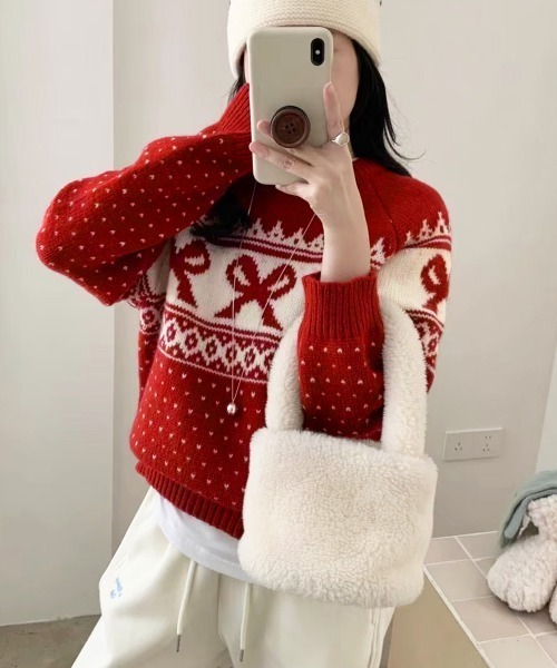 セール】リボン×ノルディック柄ニットトップス（ニット/セーター