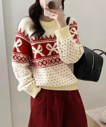 PRIVATE  BEACH | リボン×ノルディック柄ニットトップス(ニット/セーター)