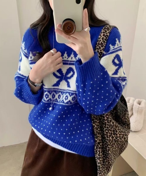 PRIVATE BEACH(プライベートビーチ)の「リボン×ノルディック柄ニットトップス(ニット/セーター・レディース・ブルー/オフホワイト/ブラック/レッド・FREE)」の4枚目の写真