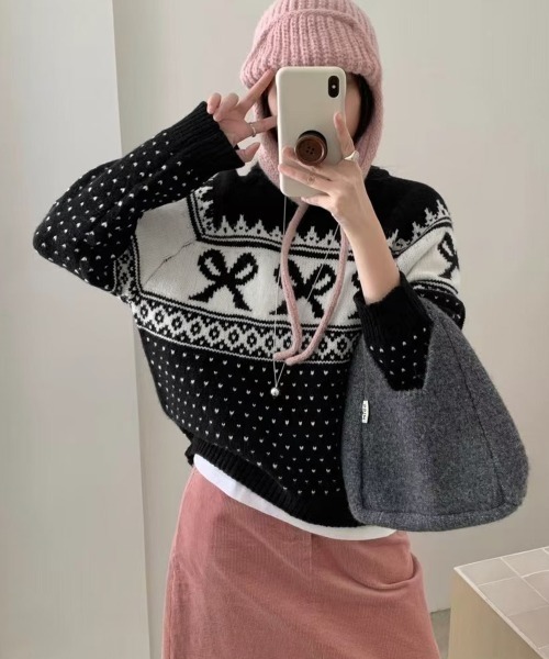 PRIVATE BEACH(プライベートビーチ)の「リボン×ノルディック柄ニットトップス(ニット/セーター・レディース・ブルー/オフホワイト/ブラック/レッド・FREE)」の3枚目の写真