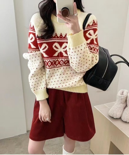 PRIVATE BEACH(プライベートビーチ)の「リボン×ノルディック柄ニットトップス(ニット/セーター・レディース・ブルー/オフホワイト/ブラック/レッド・FREE)」の5枚目の写真