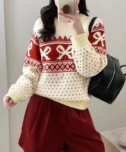 PRIVATE BEACH(プライベートビーチ)の「リボン×ノルディック柄ニットトップス(ニット/セーター・レディース・ブルー/オフホワイト/ブラック/レッド・FREE)」の6枚目の写真