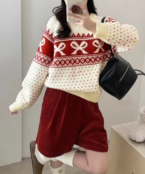 PRIVATE BEACH(プライベートビーチ)の「リボン×ノルディック柄ニットトップス(ニット/セーター・レディース・ブルー/オフホワイト/ブラック/レッド・FREE)」の7枚目の写真