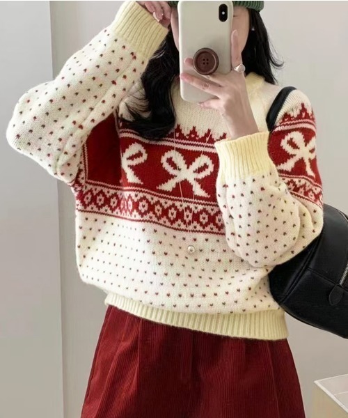 PRIVATE BEACH(プライベートビーチ)の「リボン×ノルディック柄ニットトップス(ニット/セーター・レディース・ブルー/オフホワイト/ブラック/レッド・FREE)」の8枚目の写真