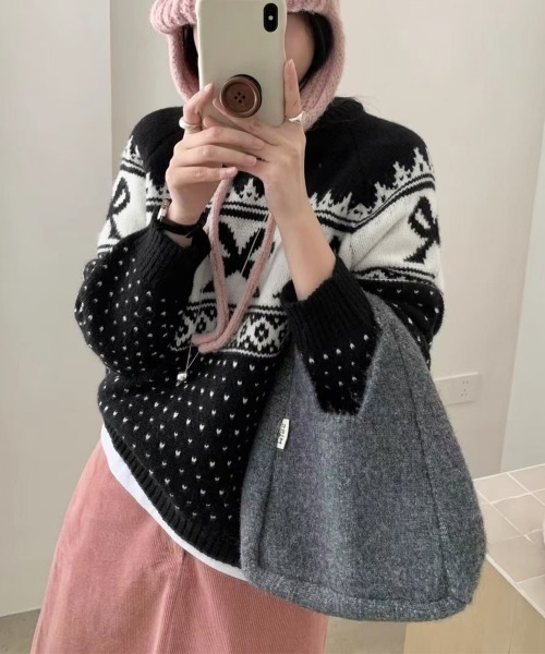 PRIVATE BEACH(プライベートビーチ)の「リボン×ノルディック柄ニットトップス(ニット/セーター・レディース・ブルー/オフホワイト/ブラック/レッド・FREE)」の9枚目の写真