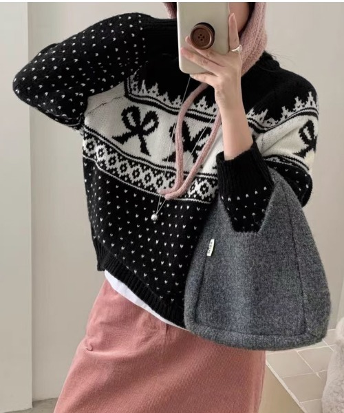 PRIVATE BEACH(プライベートビーチ)の「リボン×ノルディック柄ニットトップス(ニット/セーター・レディース・ブルー/オフホワイト/ブラック/レッド・FREE)」の11枚目の写真