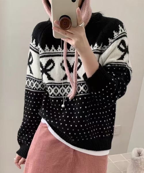 PRIVATE BEACH(プライベートビーチ)の「リボン×ノルディック柄ニットトップス(ニット/セーター・レディース・ブルー/オフホワイト/ブラック/レッド・FREE)」の12枚目の写真