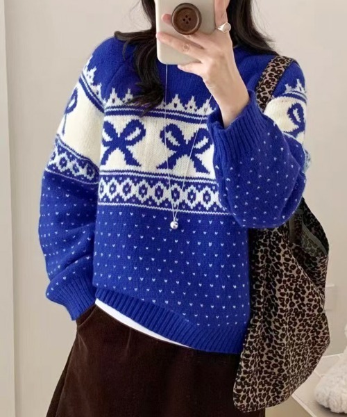 PRIVATE BEACH(プライベートビーチ)の「リボン×ノルディック柄ニットトップス(ニット/セーター・レディース・ブルー/オフホワイト/ブラック/レッド・FREE)」の13枚目の写真